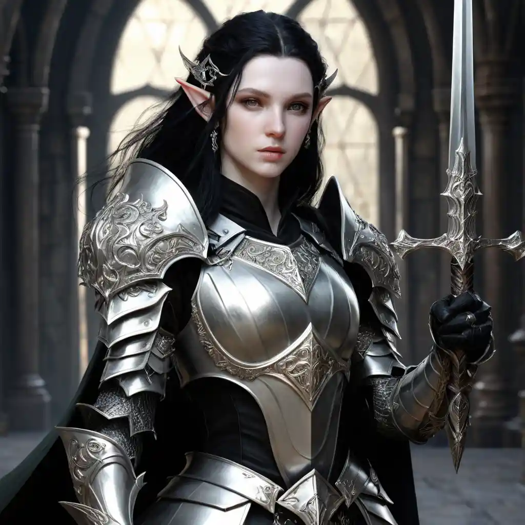 Elfischer Eldritch Knight mit Rapier in verzierter Rüstung