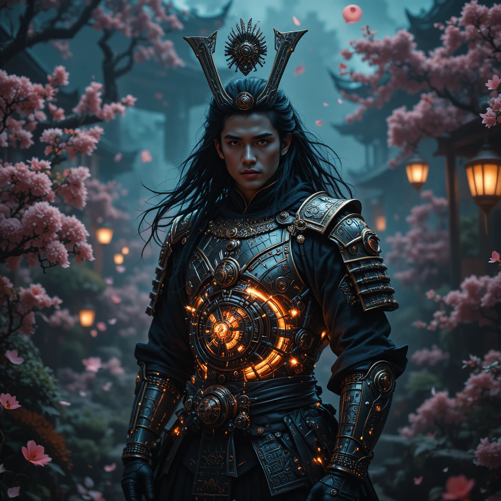 Gothic steampunk samurai in a surreal Japanese garden