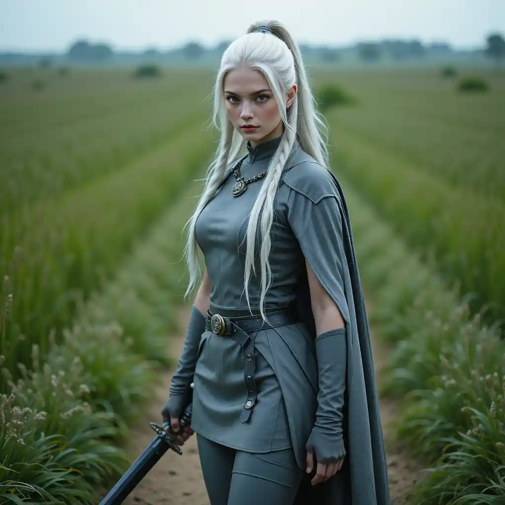 White haired warrior woman with sword in grassy field