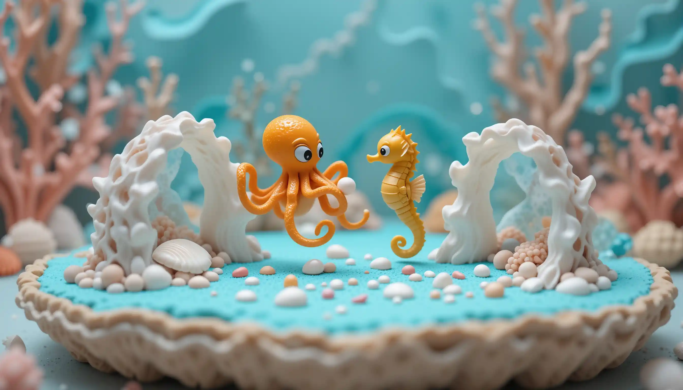 Diorama miniatura do fundo do mar com polvo e cavalo-marinho em estilo cartoon