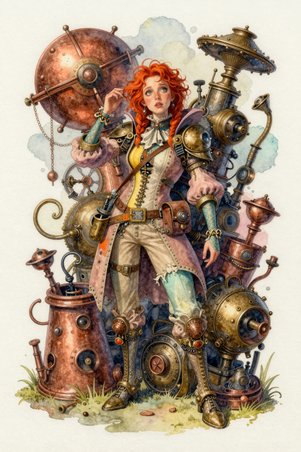 Mulher steampunk fantasiosa em traje aquarelado intrincado