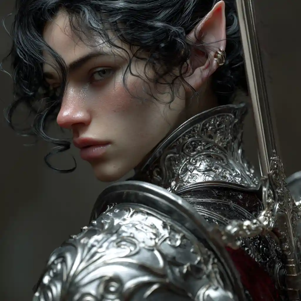 Elf eldritch knight with rapier in ornate armor