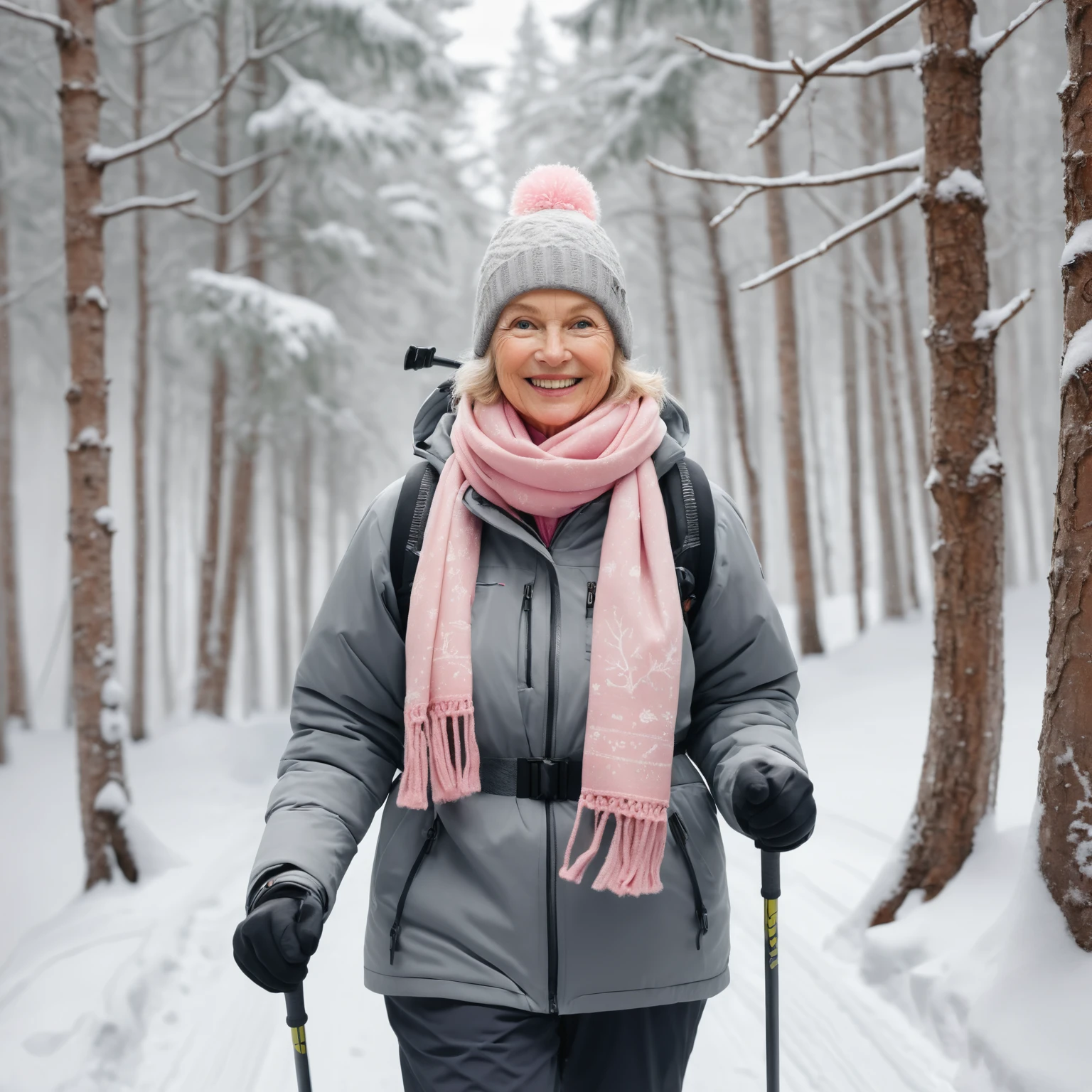 Older woman skiing through a snowy forest in soft pastel tones