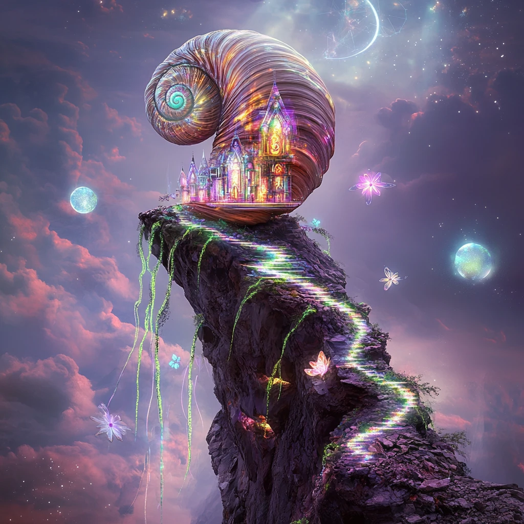 Casa de caracol en espiral brillante sobre un acantilado oscuro