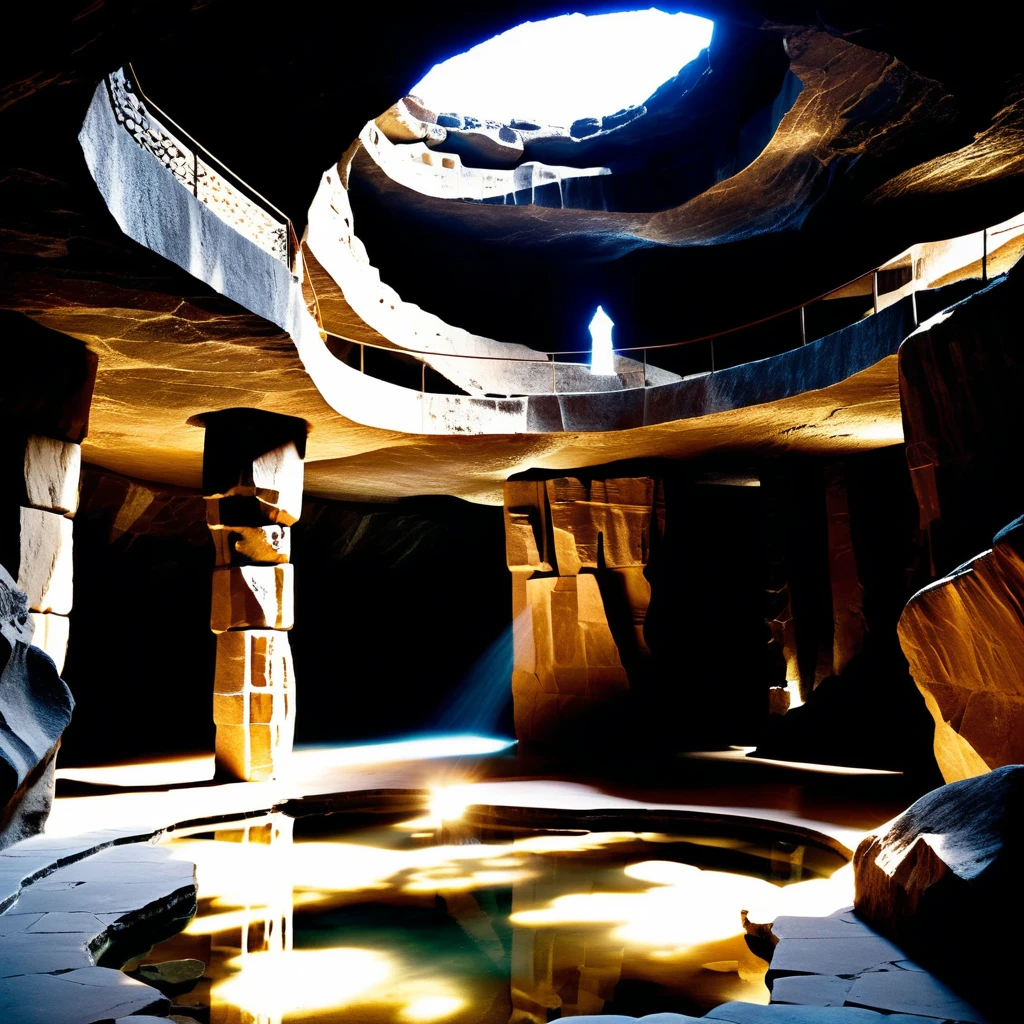 Cinematic stone corridor in a vast underground rock gallery