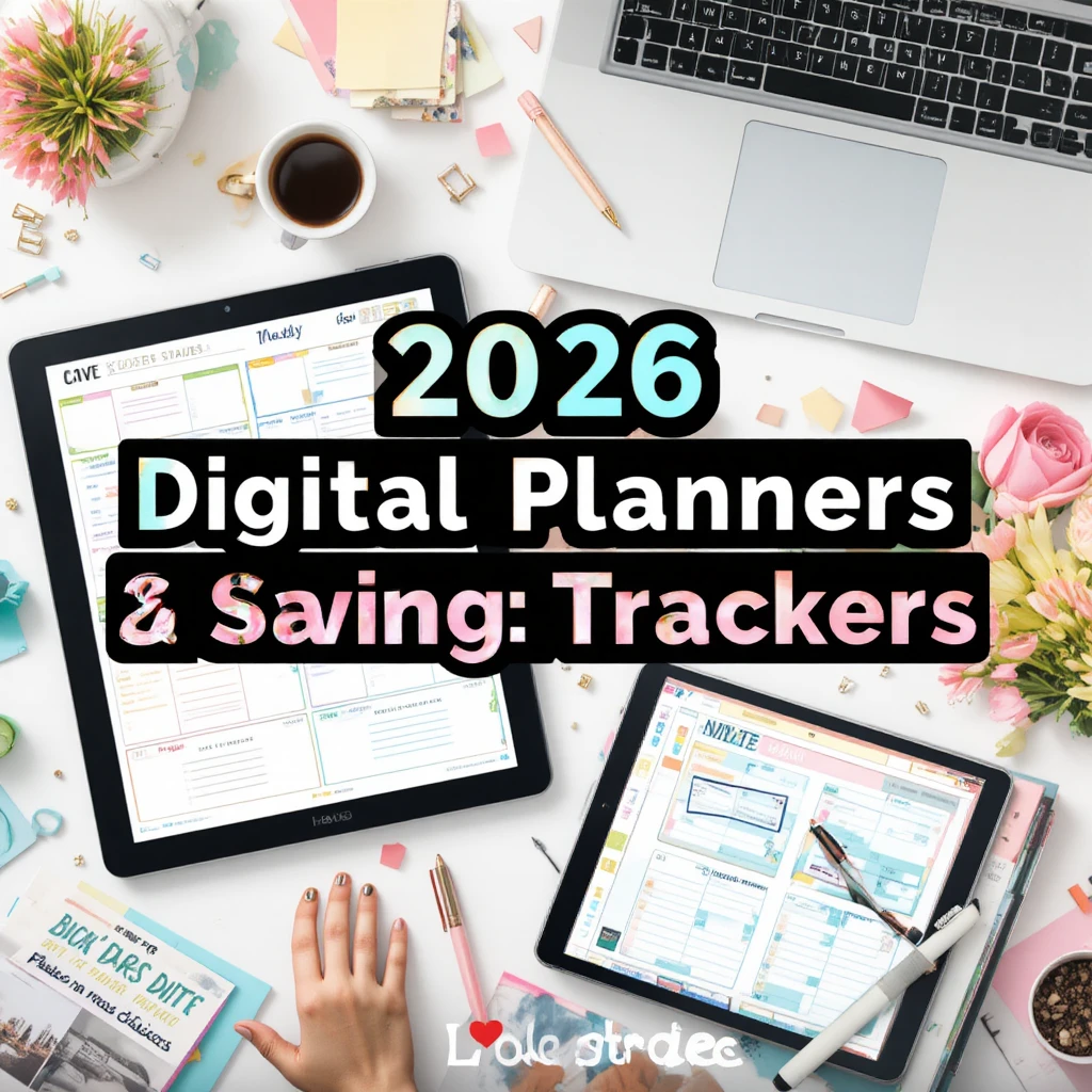 Espaço de trabalho flat lay com planners digitais em tablet e laptop