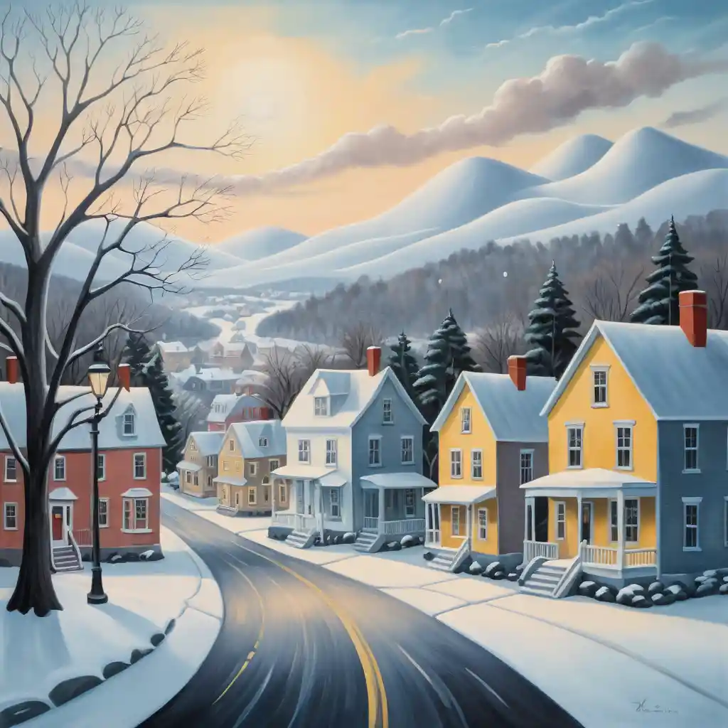 Surreal snowy townscape in a dreamlike winter painting