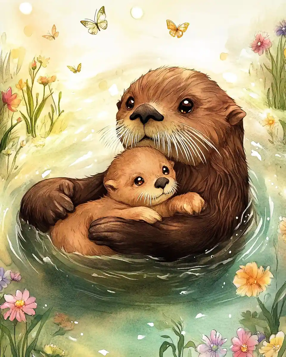 Mother sea otter cuddling baby in gentle watercolor scene