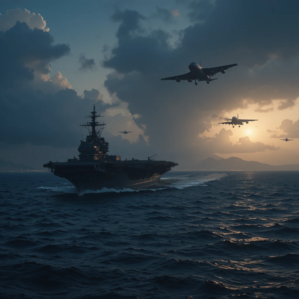 Porte-avions au crépuscule sur une mer d’Arabie orageuse