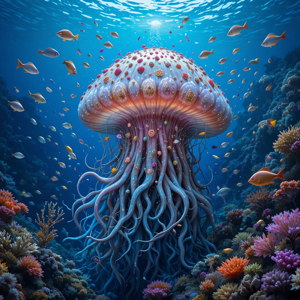 Riesige Qualle im klaren blauen Ozean mit bunten Fischen