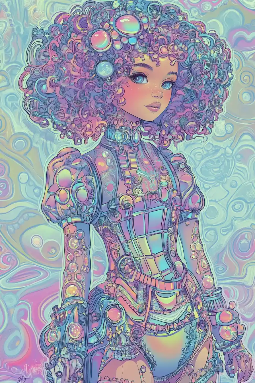 Garota fantástica e divertida em estilo candy steampunk em tons pastéis
