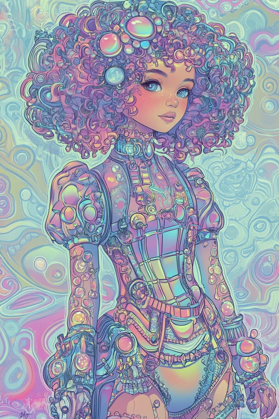 Garota fantástica e divertida em estilo candy steampunk em tons pastéis