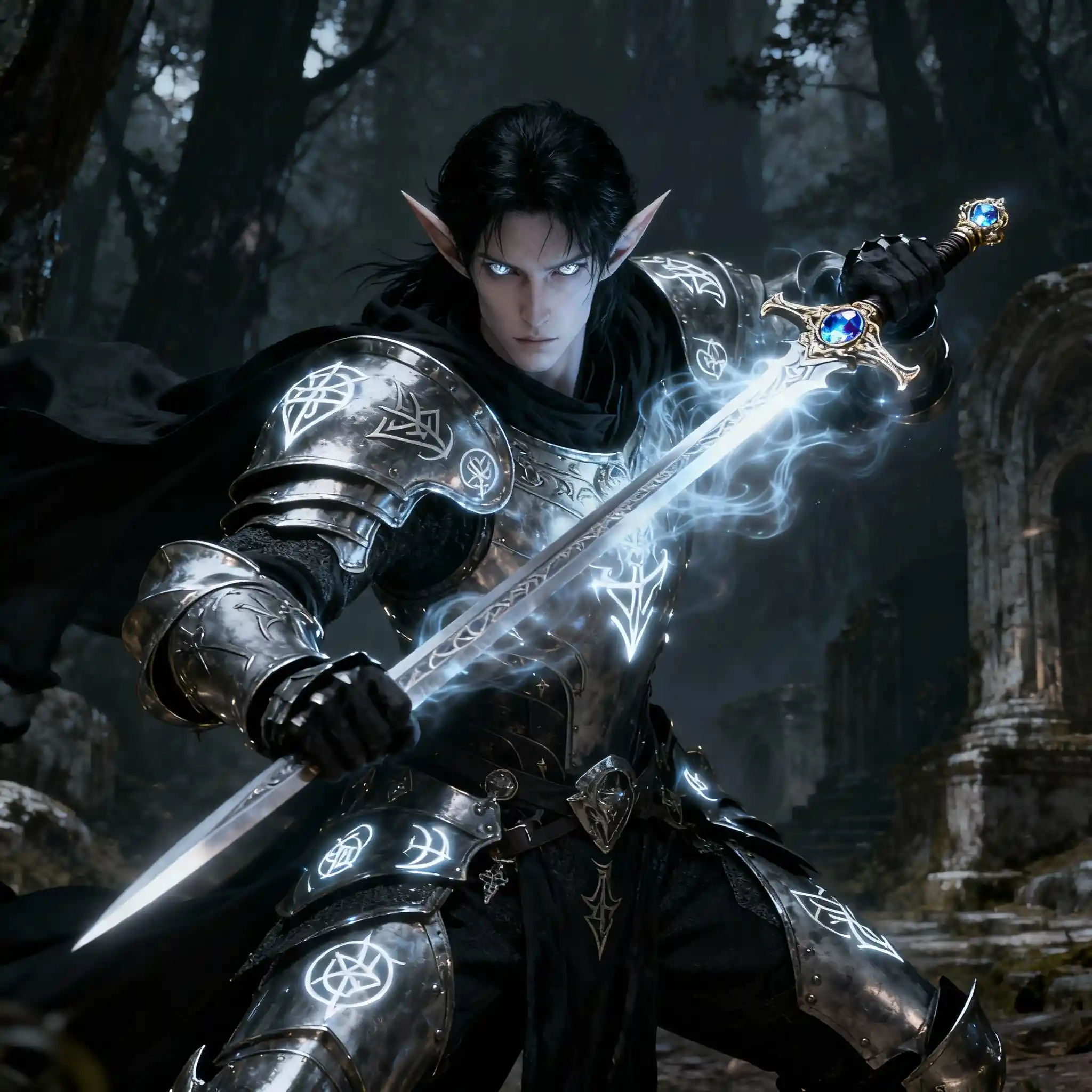 Chevalier eldritch elfe avec rapière en armure de fantasy ornée