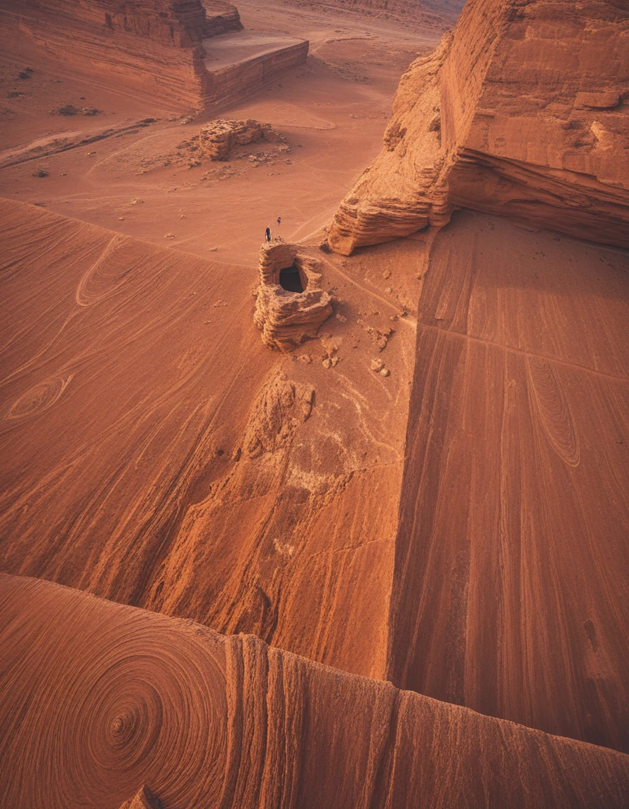 Meditating figure in a vast ancient desert chasma
