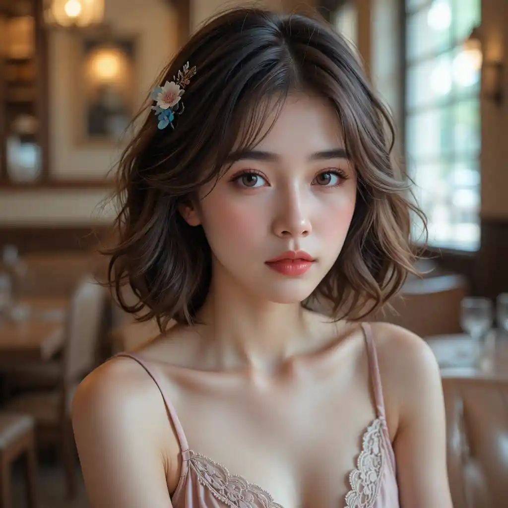 溫暖舒適咖啡館裡的年輕女子肖像