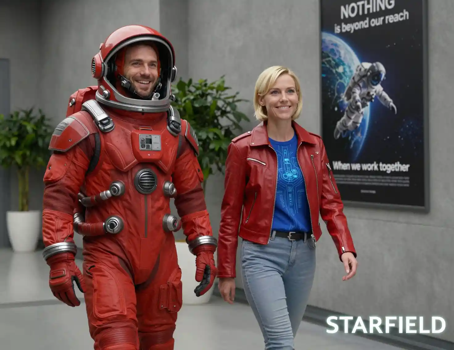 Two astronauts in a bright futuristic interior corridor