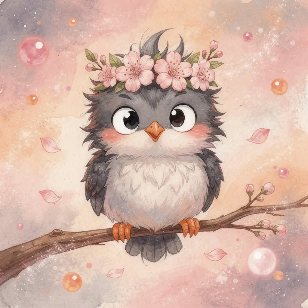 Cute watercolor cartoon bird with cherry blossom crown