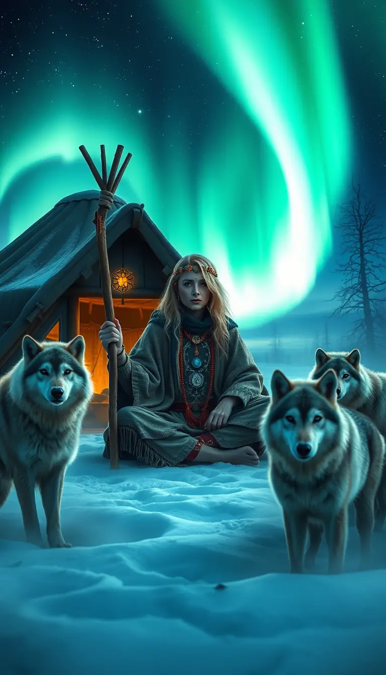 Xamã místico com lobos sob a aurora na tundra ártica