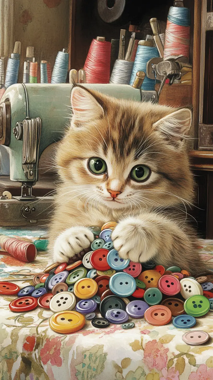 Chat curieux jouant avec des boutons sur une table de couture