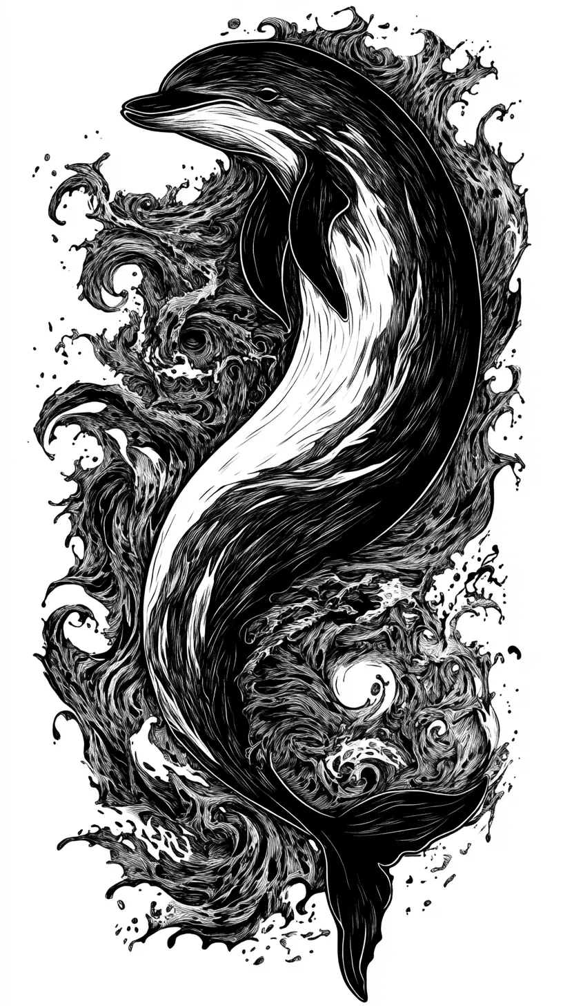 以黑白詮釋陰陽的超現實墨畫海豚