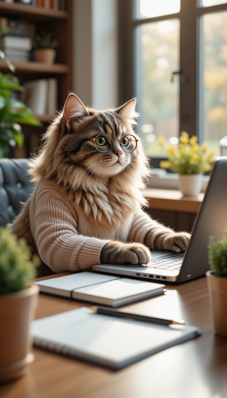Gato malhado fofinho digitando em um laptop em uma escrivaninha aconchegante