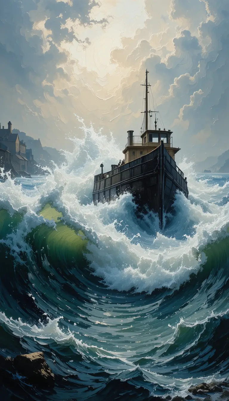 Dramatique peinture à l’huile d’un ferry en bois dans une rivière en furie