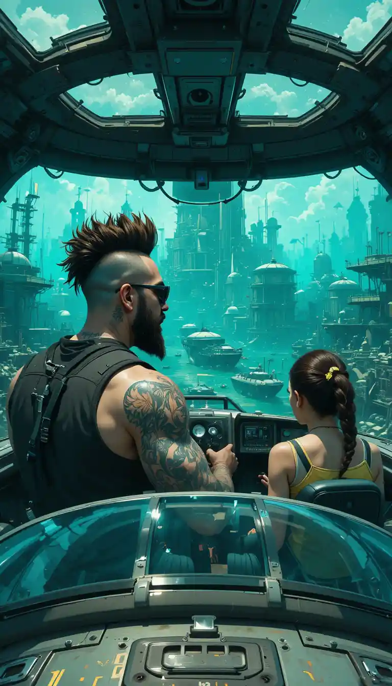 Tattooed pilot in underwater cockpit overlooking futuristic city