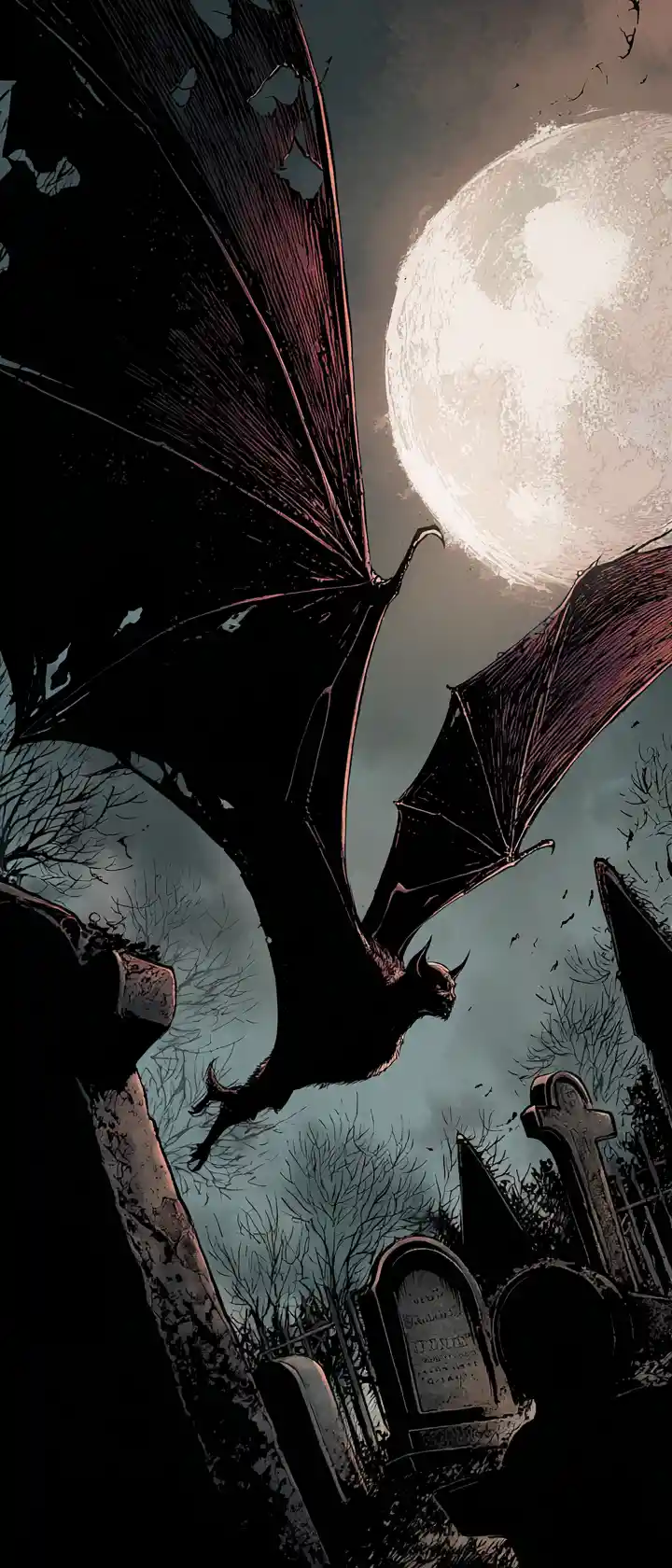 Bat Silhouette Over Moonlit Victorian Cemetery At Night