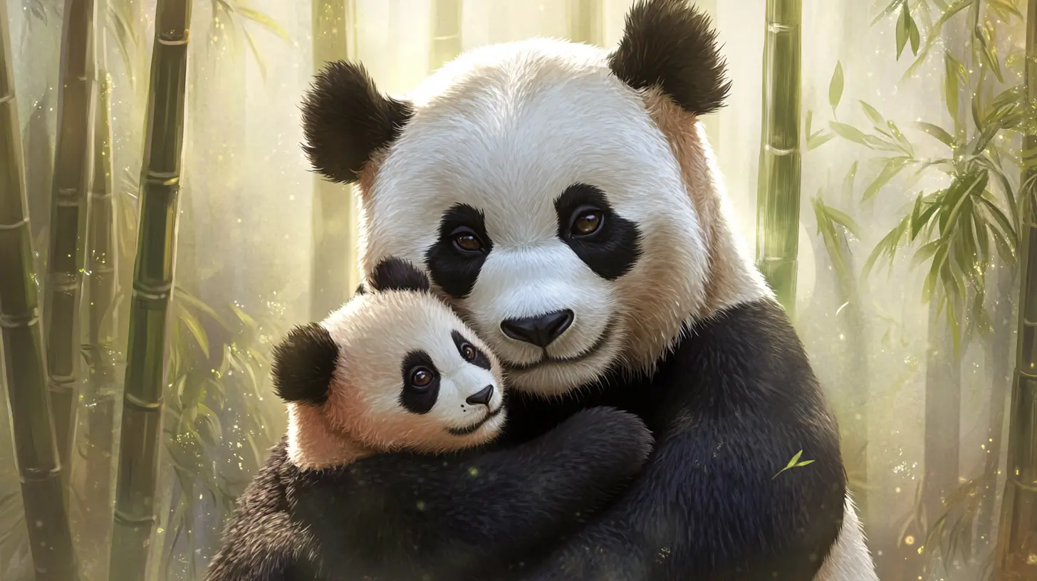 竹林でじゃれ合う子グマを抱きしめる母パンダ