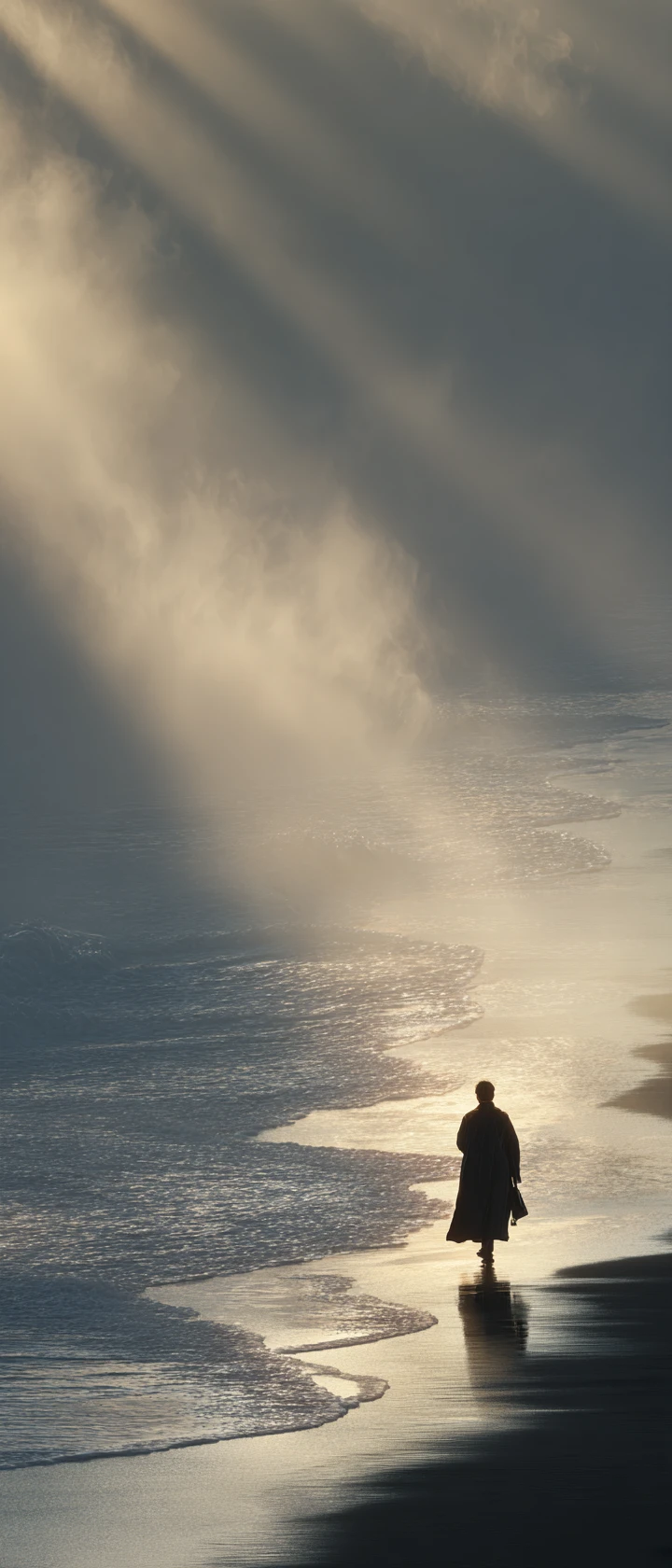 Figura solitaria caminando por un sendero costero entre la niebla al amanecer