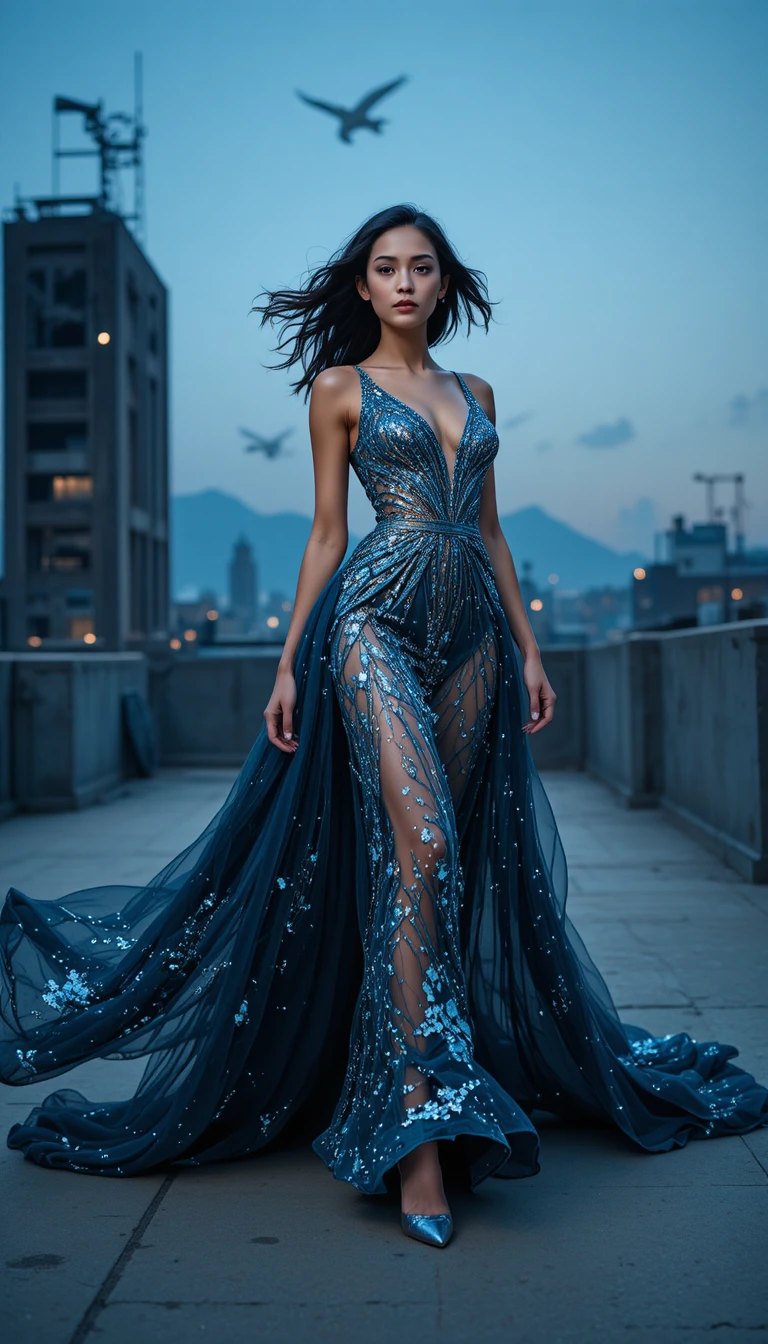 Avant garde couture model striding across urban rooftop