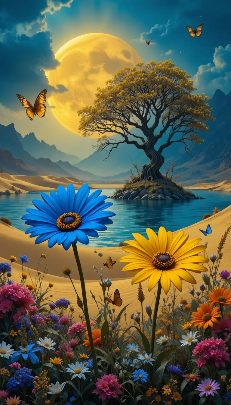 Blaue und gelbe Gänseblümchen an einer ruhigen mondbeschienenen Lagune