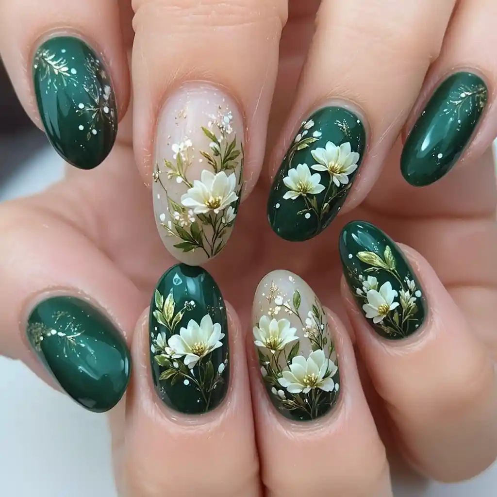 Close up hand with green floral embossed nail art design