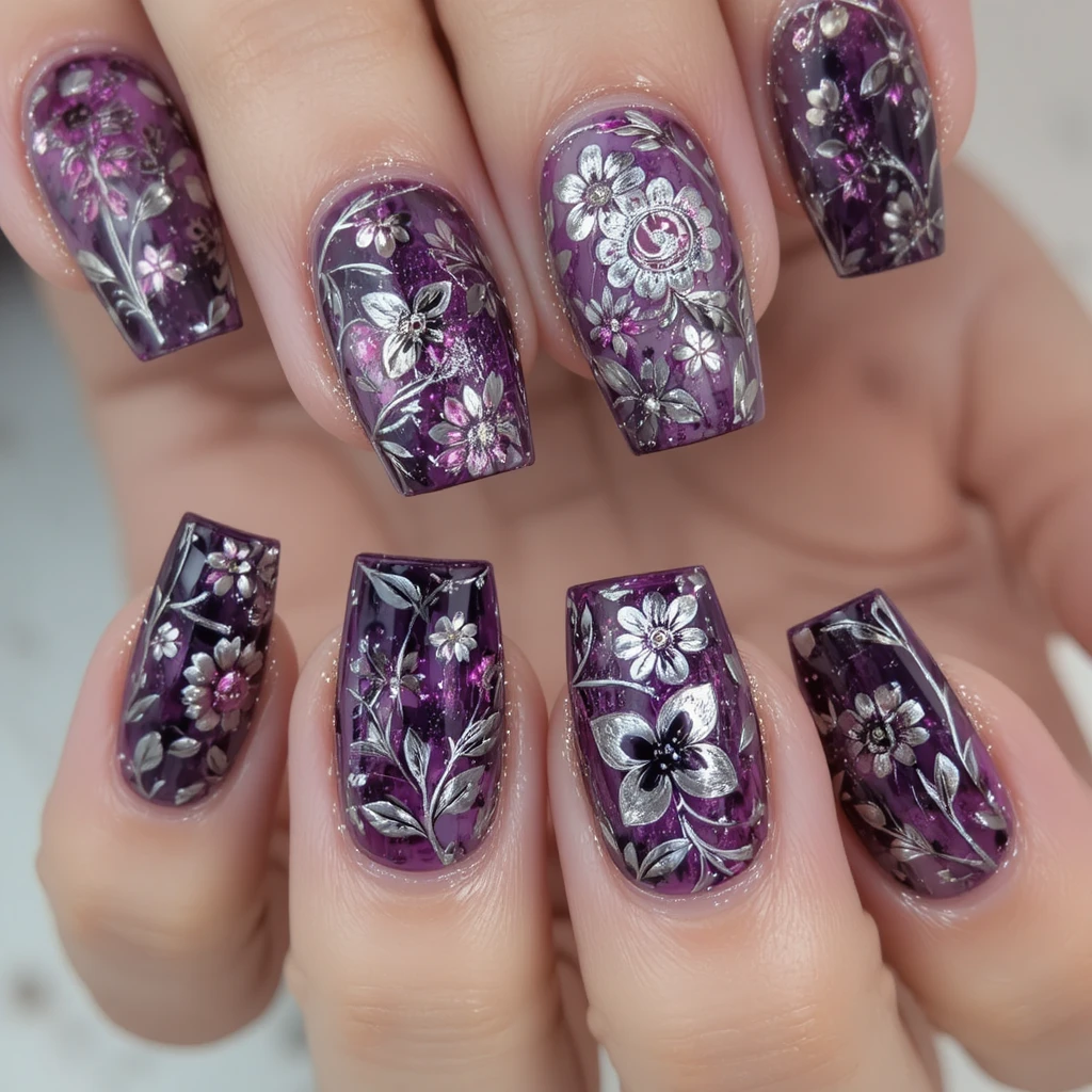 Nahaufnahme lila Blumen-Nailart auf einer Hand