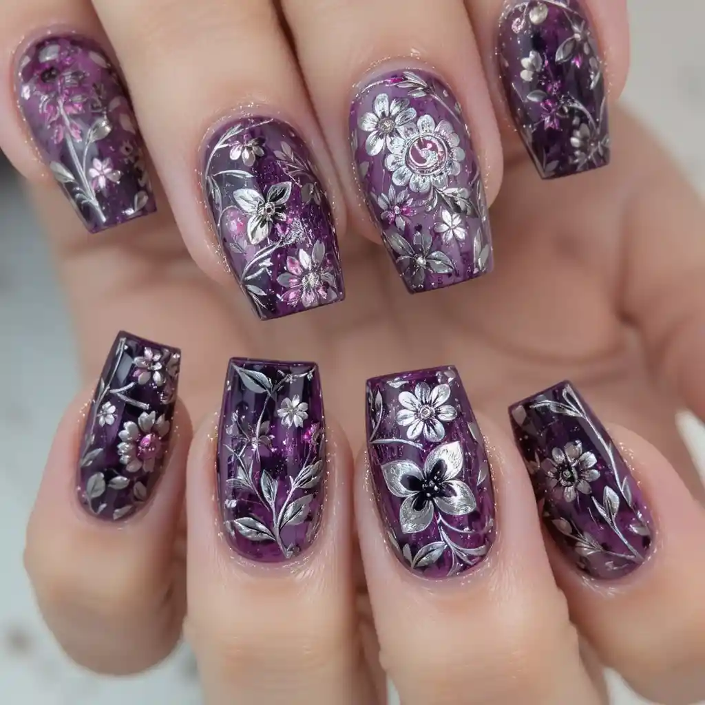Nahaufnahme lila Blumen-Nailart auf einer Hand