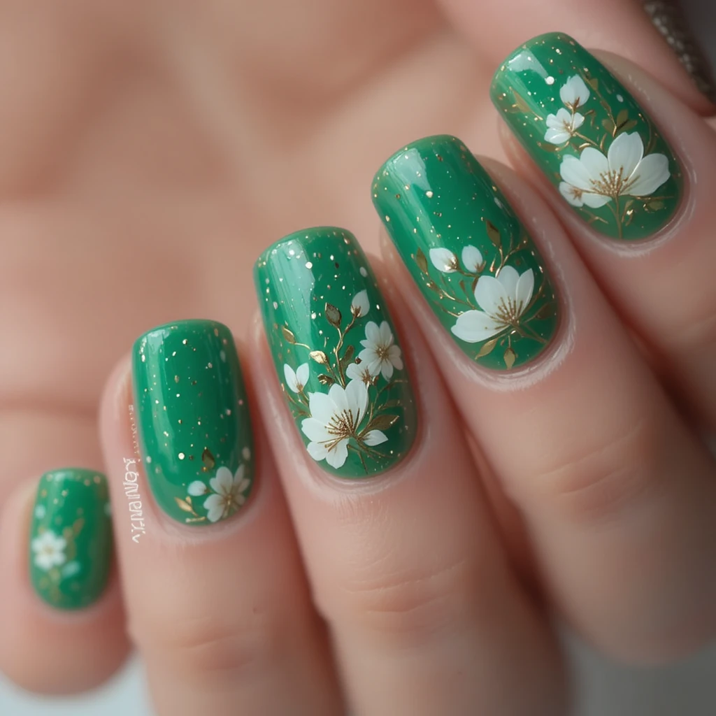 Manikürte Hand mit smaragdgrüner Blumen-Nailart