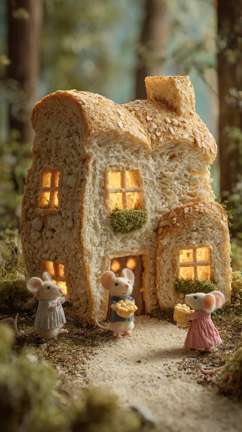 Maison de Pain Fantaisiste dans une Forêt avec de Minuscules Souris