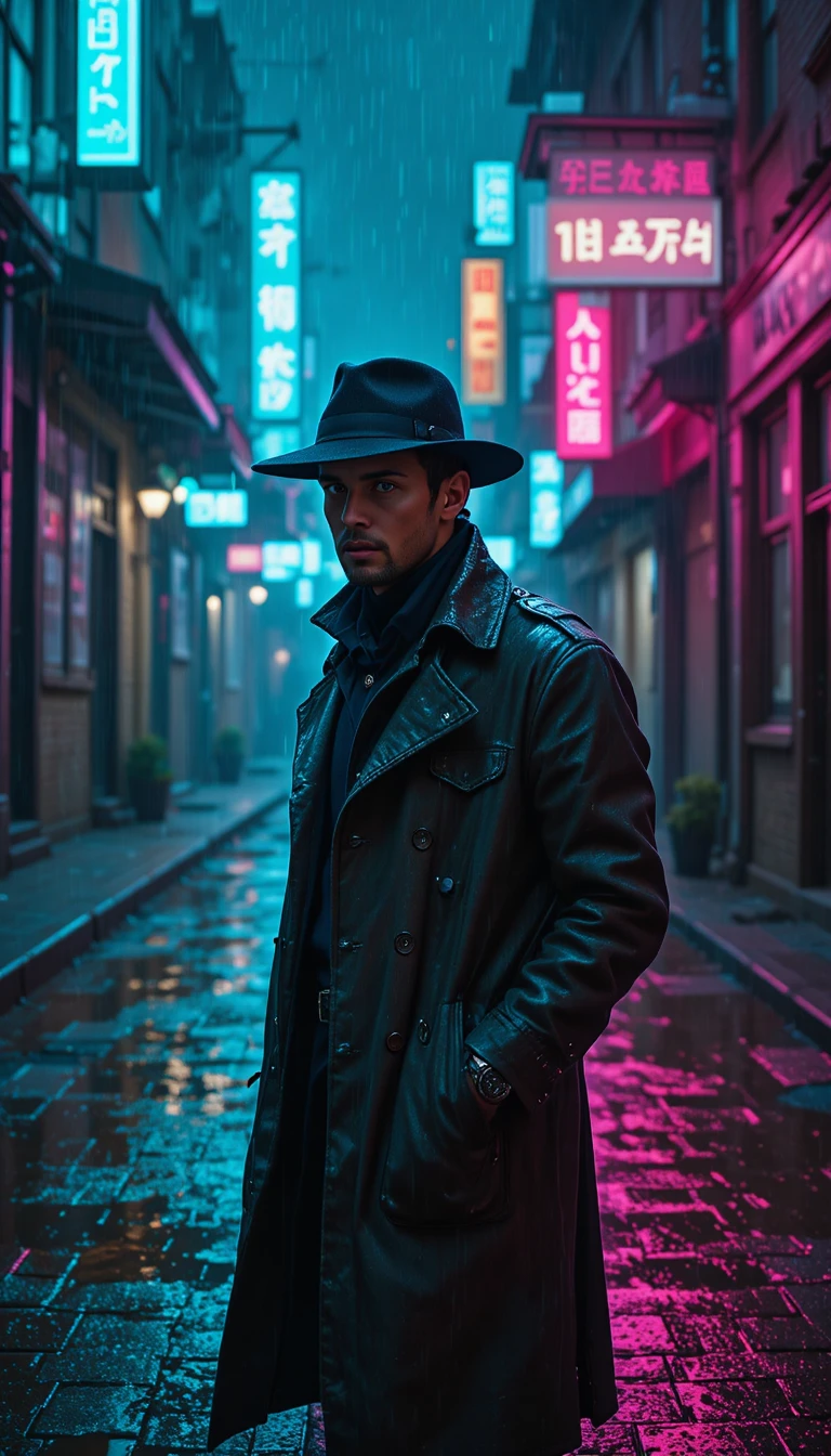 Einsamer Detektiv in neongetränkter Cyberpunk-Gasse bei Nacht