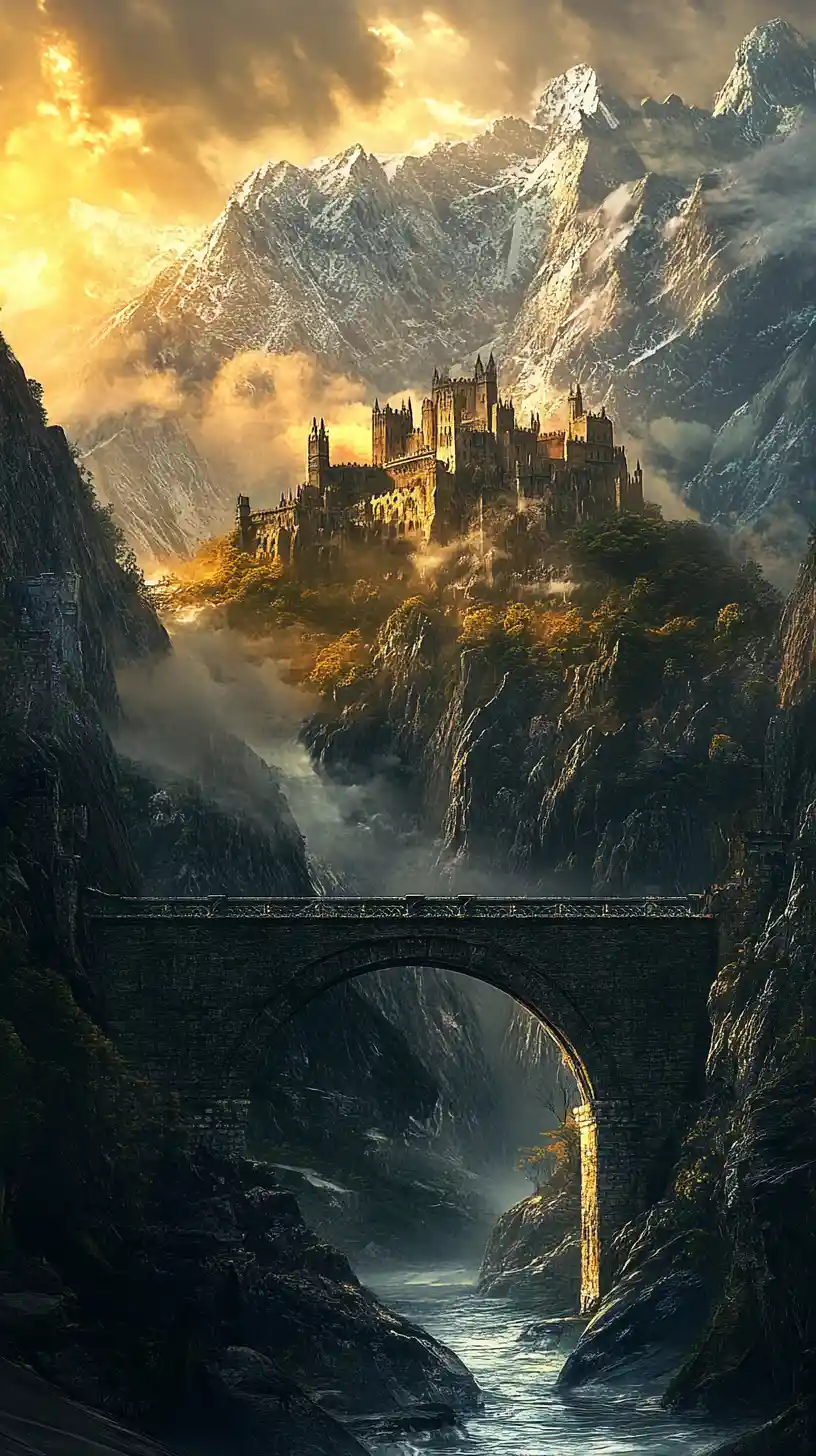 Ancien pont de pierre menant à un château de montagne dans la brume