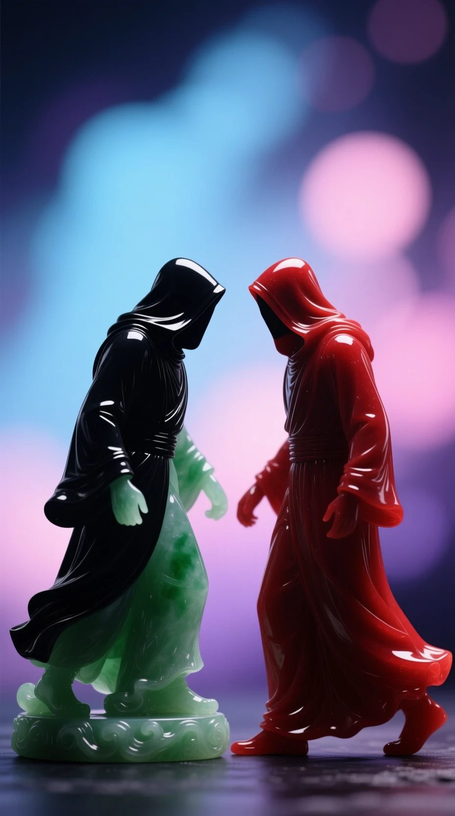 Duas figuras encapuzadas se enfrentando como silhuetas escuras entrelaçadas