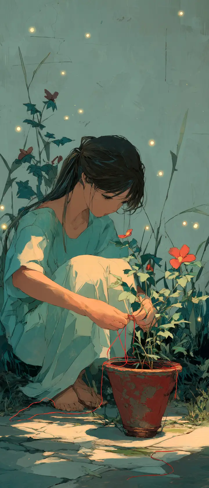 黃昏時為破裂花盆繫上紅線的女孩