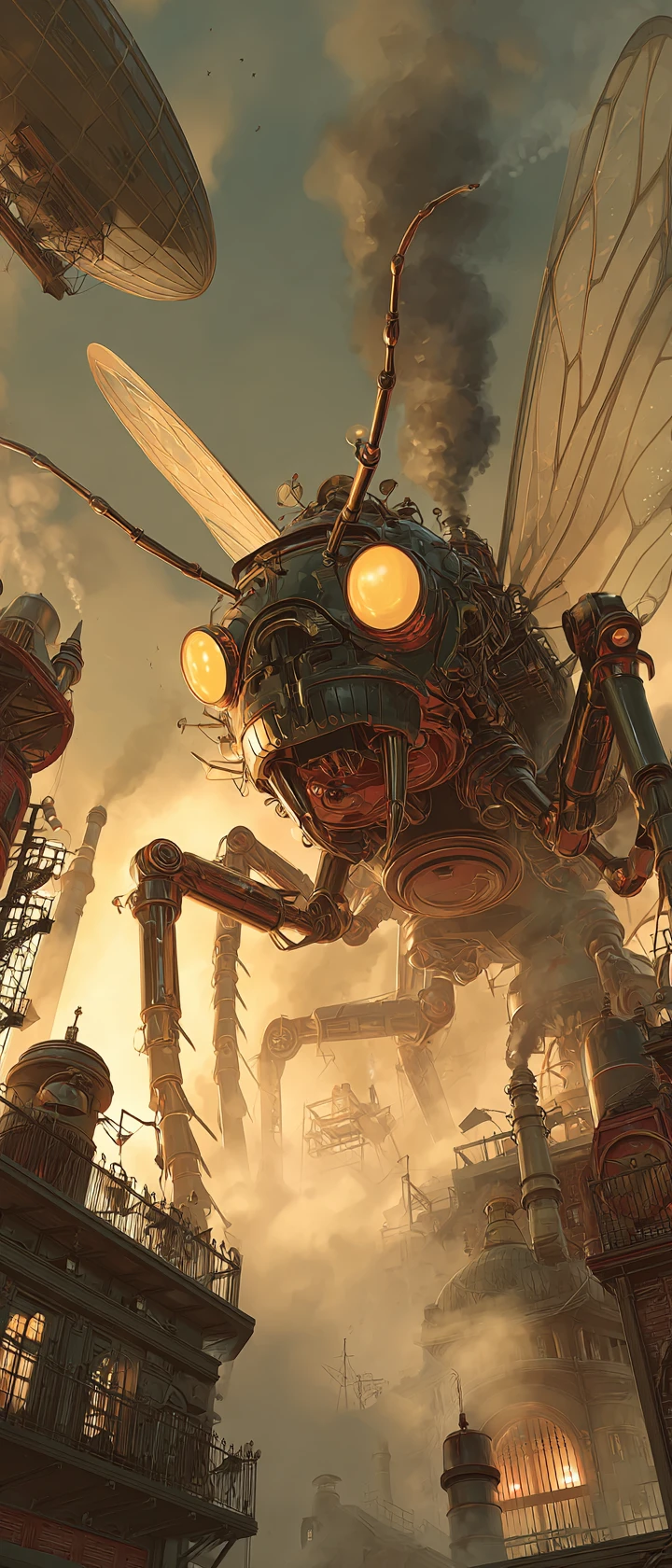 Gigantische Steampunk-Ameise über nebliger Industriestadt