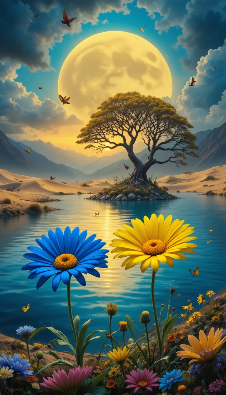 Vibrant daisies by a tranquil moonlit blue lagoon