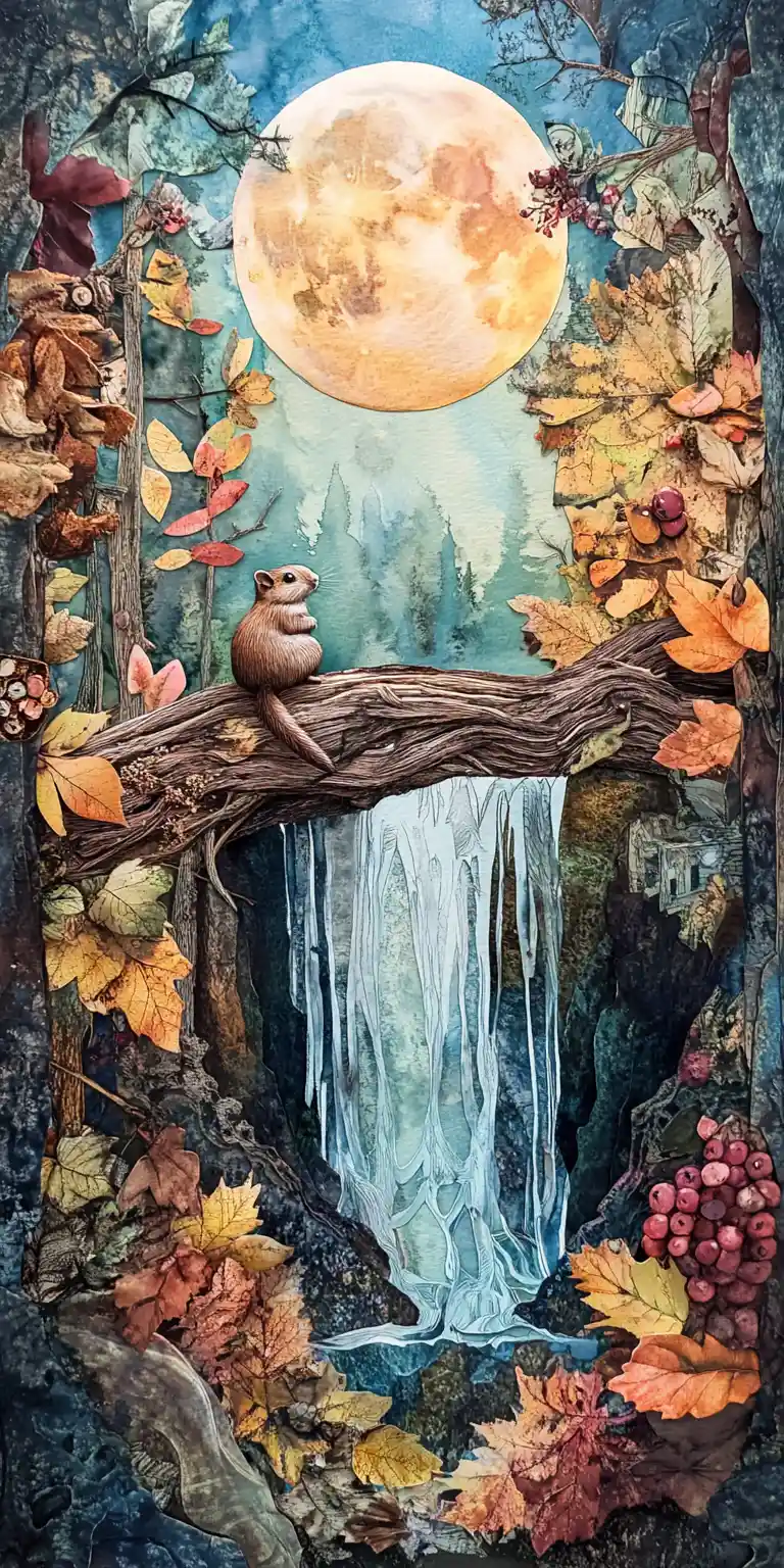 Streifenhörnchen auf Waldbalken in der Dämmerung mit aufgehendem Mond