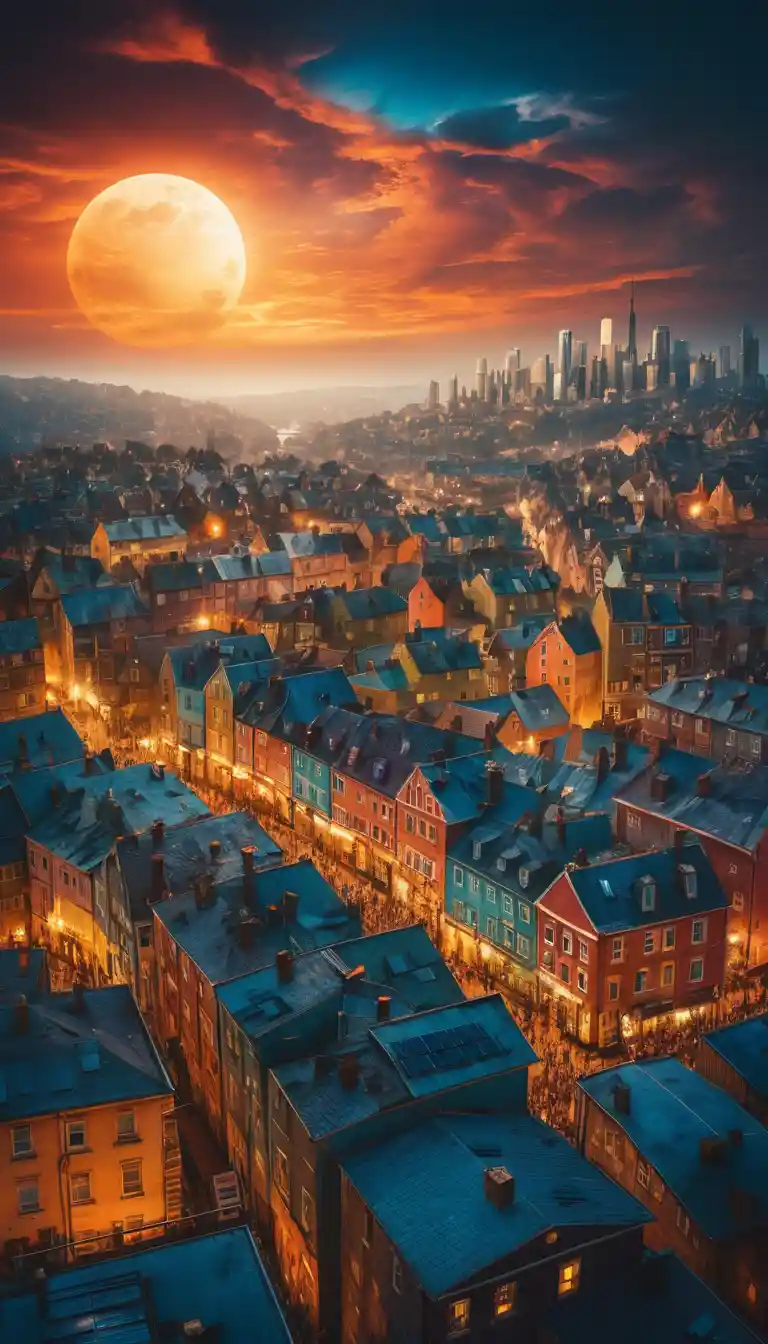 Surreale Stadtlandschaft in der Dämmerung unter einer ätherischen Sonnenfinsternis