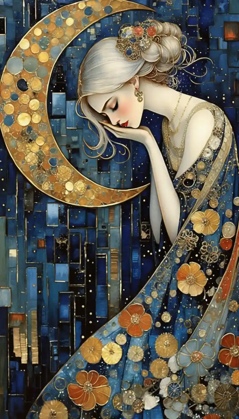 Melancholic woman before a glowing golden moon