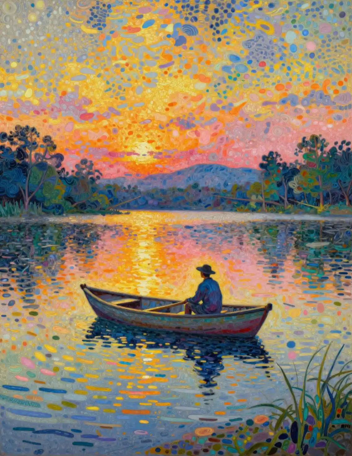 Pêcheur solitaire sur un lac pointilliste et coloré au crépuscule