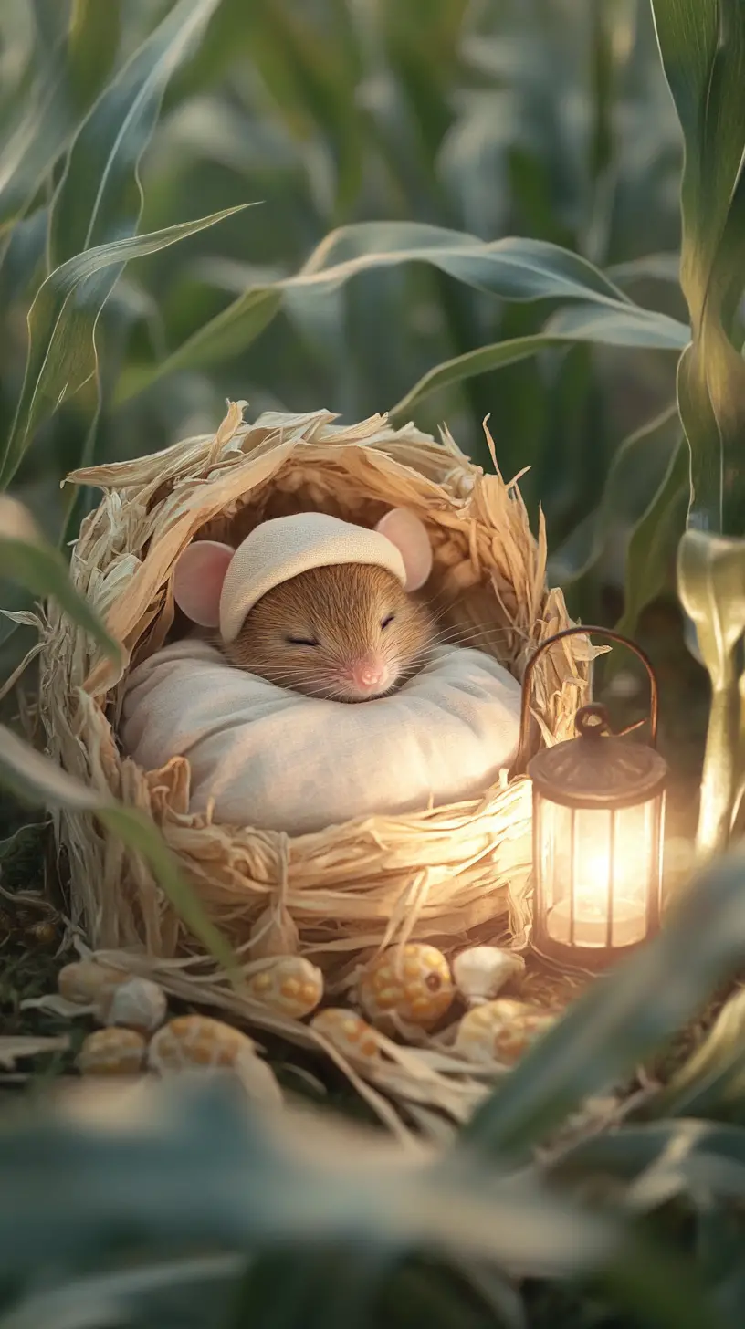 Minuscule souris dormant dans un lit douillet en feuilles de maïs