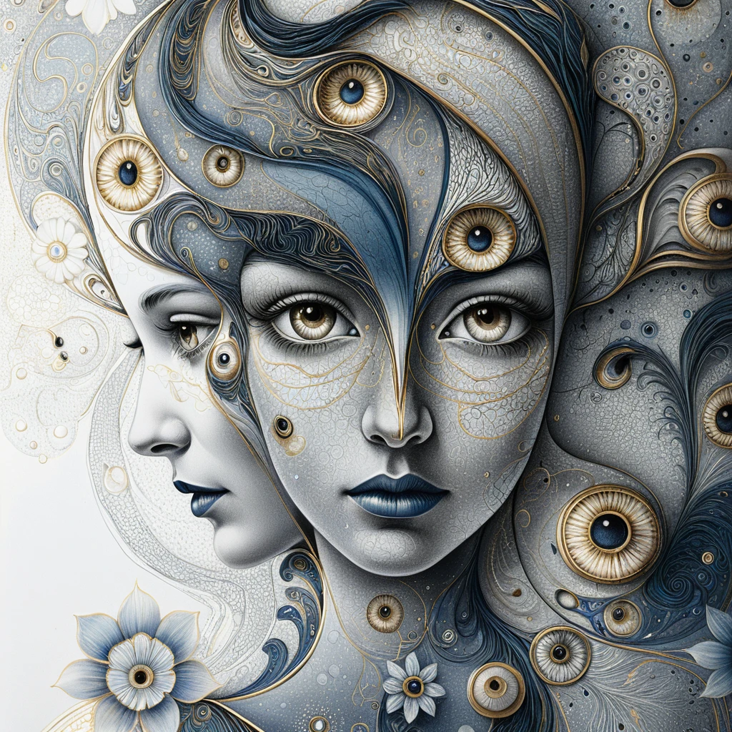Volti femminili surreali fusi con forme astratte cosmiche