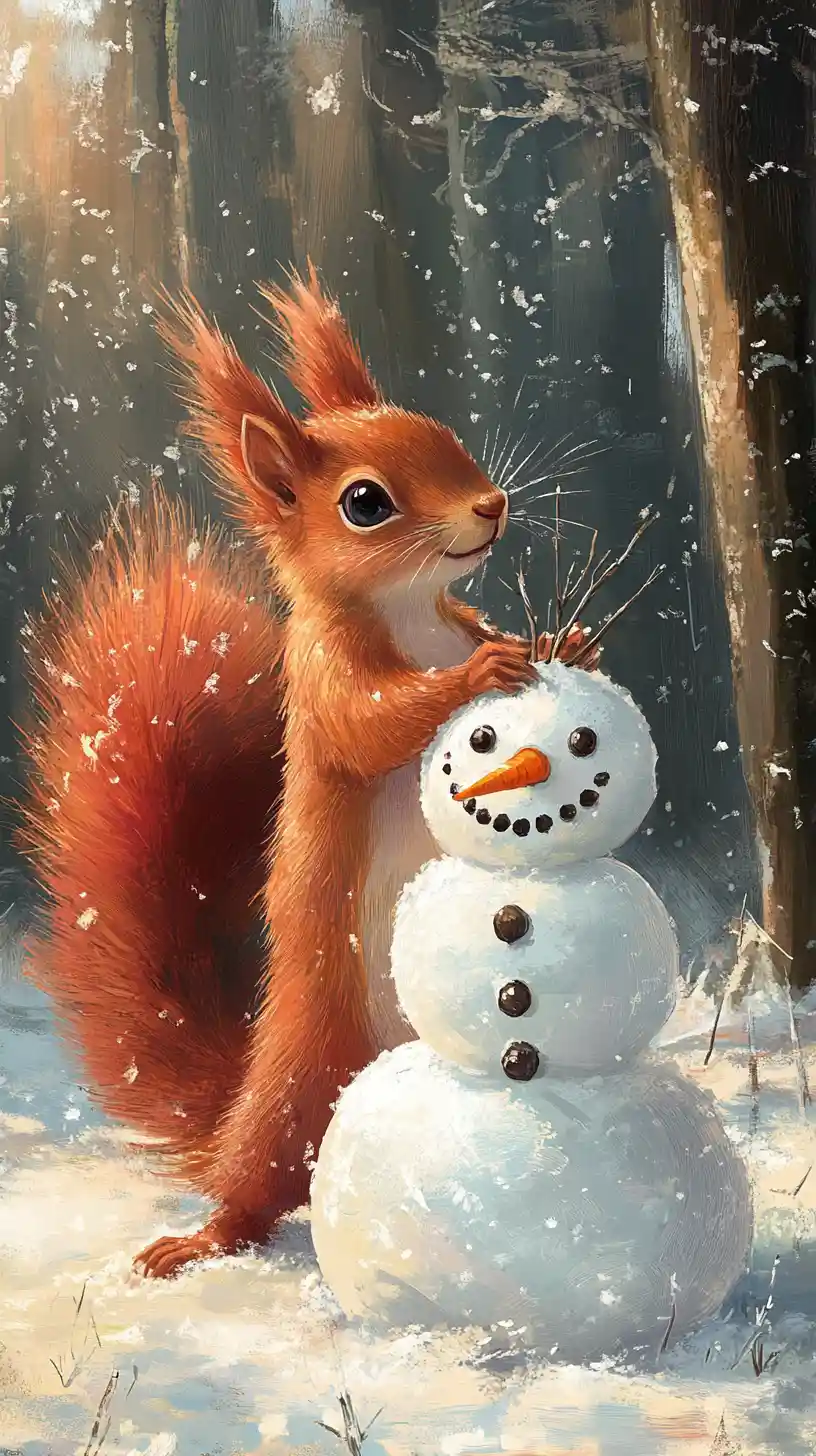 Scoiattolo rosso curioso con pupazzo di neve in una foresta invernale da sogno